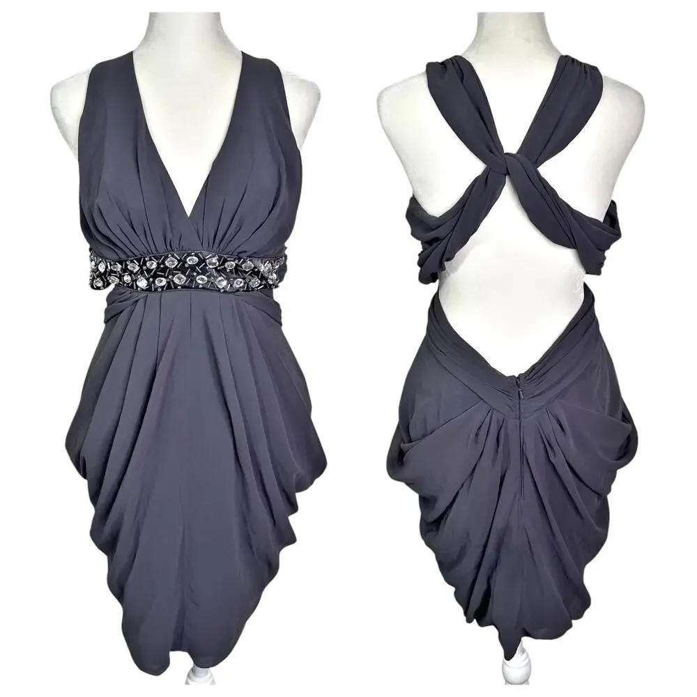 NEW Lipsy London Gray Draped Dress Women’s 6 Embellished Waistline